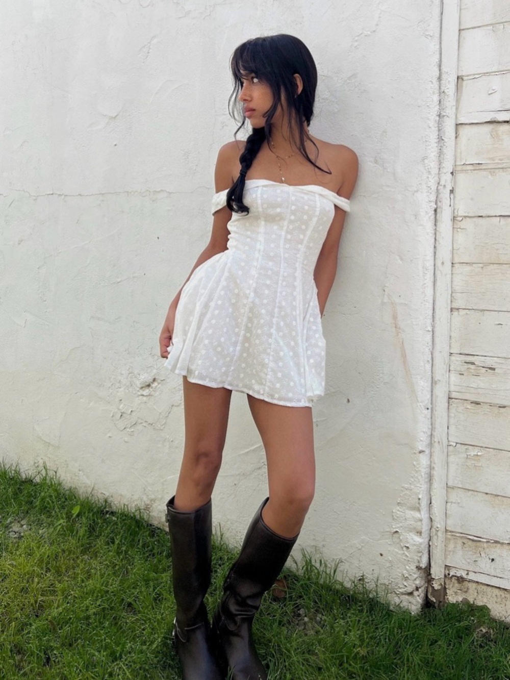 Princess Polly White Off-Shoulder Rosebud Eyelet Mini Dress